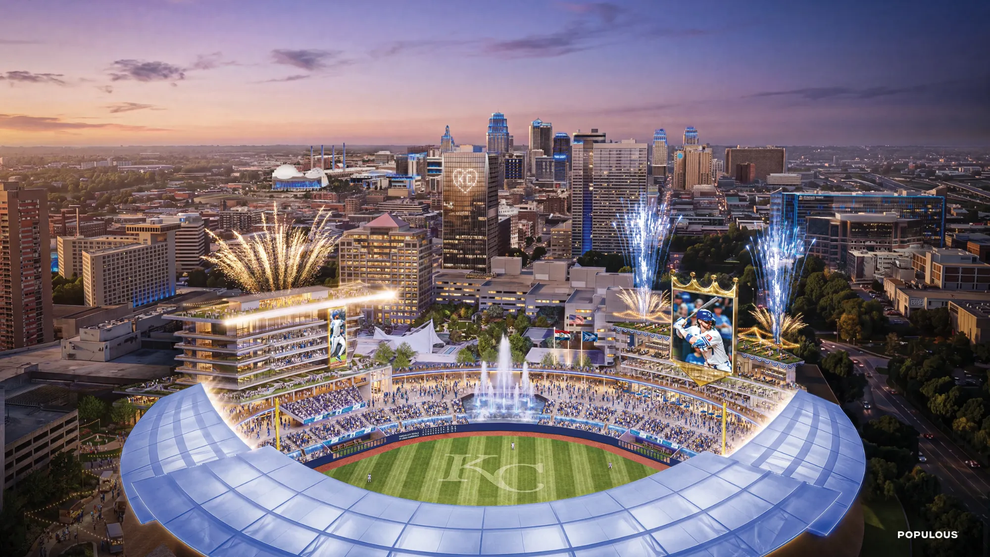 Populous rendering of the proposed Royals ballpark at Crown Center, with downtown Kansas City in the background at dusk