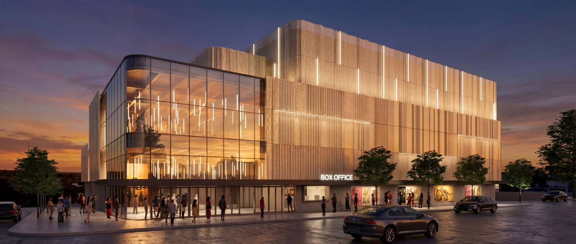 Rendering of the new Kansas City Symphony venue at 49th & Main, with a glass-fronted lobby glowing at dusk