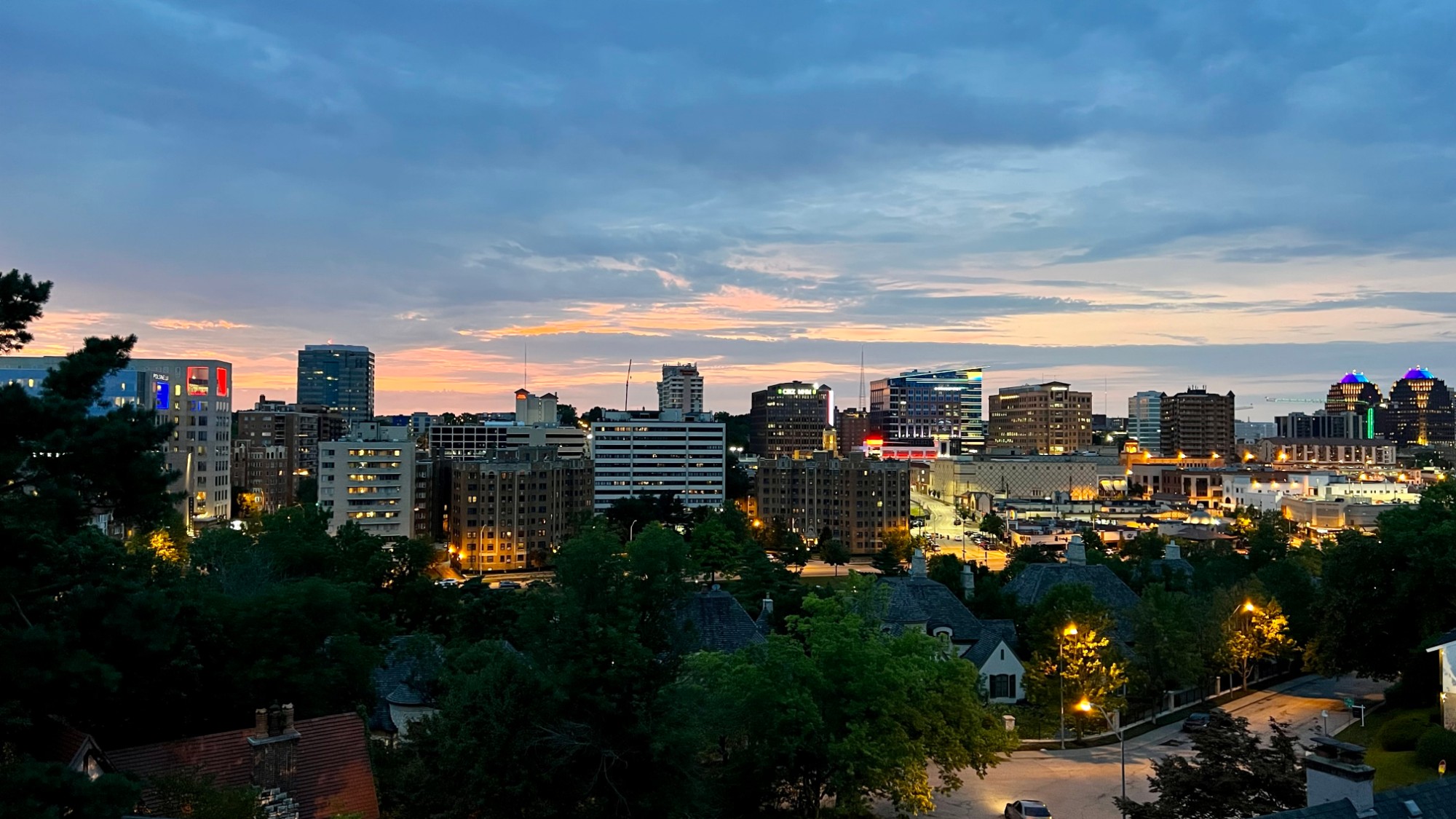 Plaza skyline at summer dusk from Rockwell